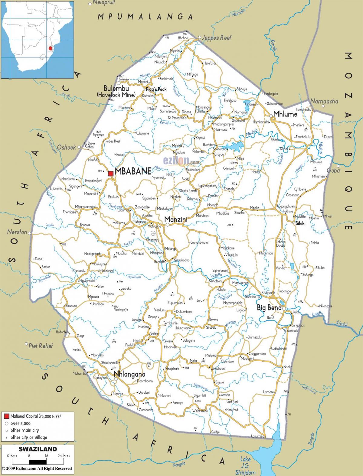 de kaart van Swaziland